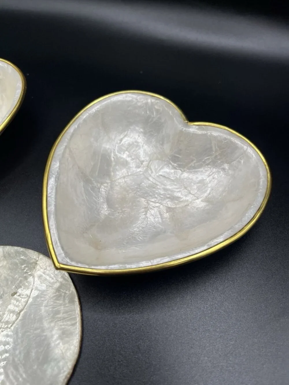 VTG Capiz Shell Heart Trinket Bowls & Plate Set Gold Trim Philippines Cottage